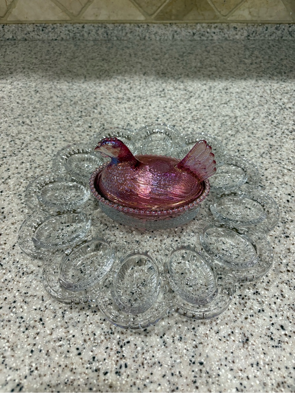 Purple/Pink Carnival Chicken On Nest With Deviled Egg Plate - Not Vintage